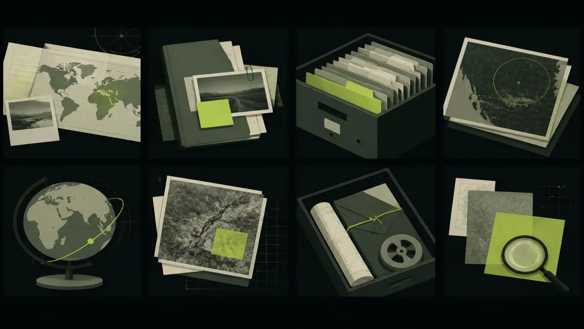 A storyboard strip where every frame shows objects, maps and archive material rather than a presenter.