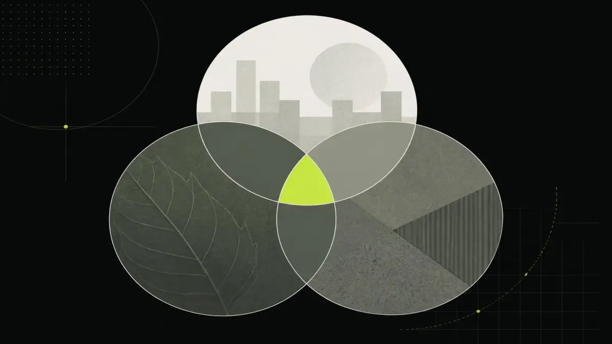 A set of overlapping circles labelled demand, sustainability and visual material, with a small region where all three meet.
