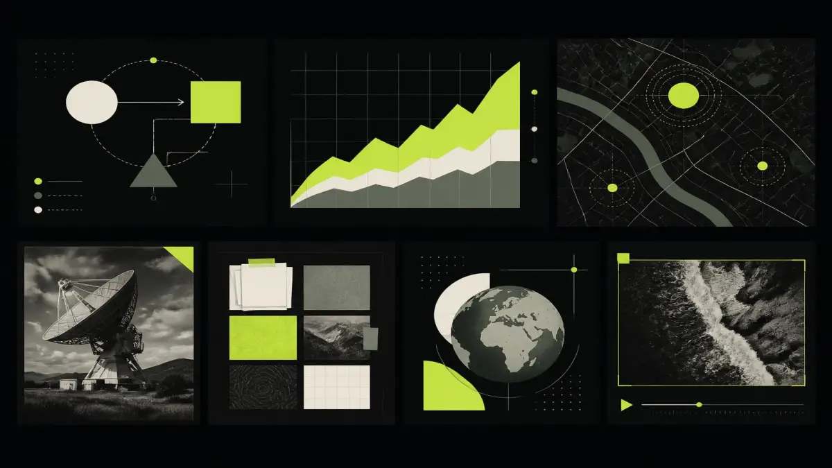Seven small panels showing different visual treatments: a diagram, a chart, a map, an archive photo, a screen recording.