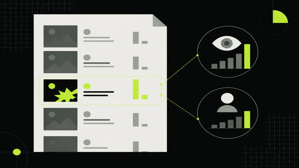A results page annotated with subscriber counts beside view counts, highlighting a small channel with a high-performing video.