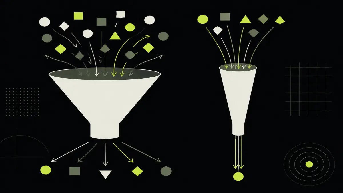 A wide funnel with scattered arrows beside a narrow one where every arrow lands in the same place.