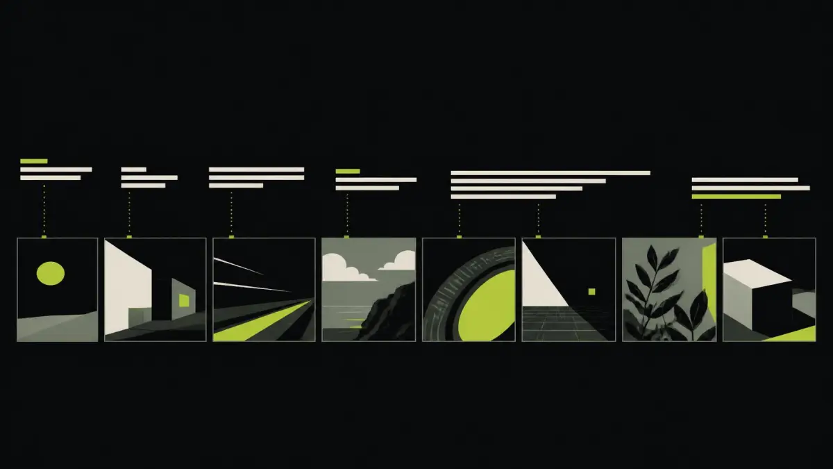 A row of sentences of varying length above a matching strip of shots, short sentences aligning with quick cuts.