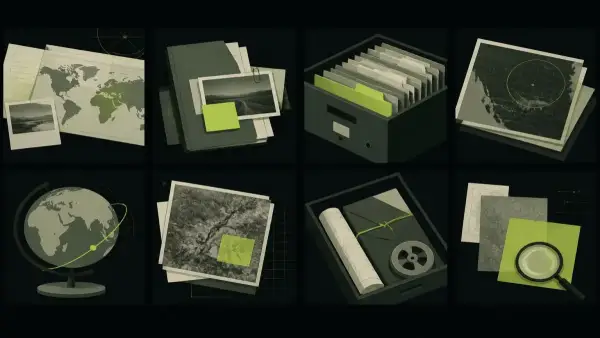A storyboard strip where every frame shows objects, maps and archive material rather than a presenter.