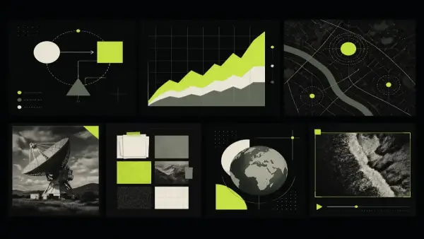 Seven small panels showing different visual treatments: a diagram, a chart, a map, an archive photo, a screen recording.