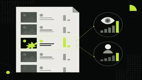 A results page annotated with subscriber counts beside view counts, highlighting a small channel with a high-performing video.