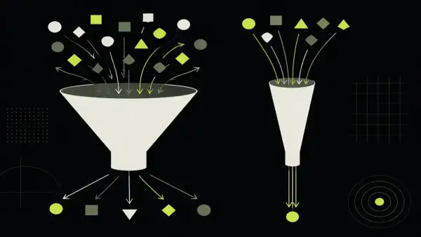 A wide funnel with scattered arrows beside a narrow one where every arrow lands in the same place.