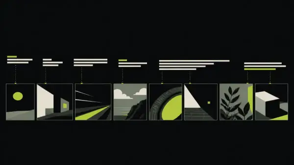 A row of sentences of varying length above a matching strip of shots, short sentences aligning with quick cuts.
