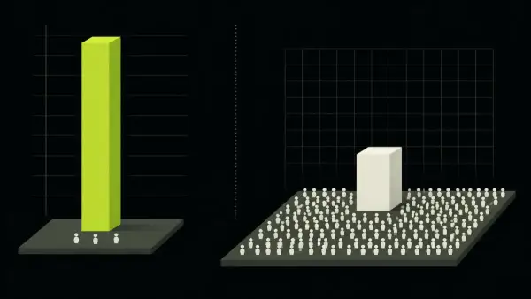 Two bars: a tall rate multiplied by a tiny audience beside a modest rate multiplied by a large one.