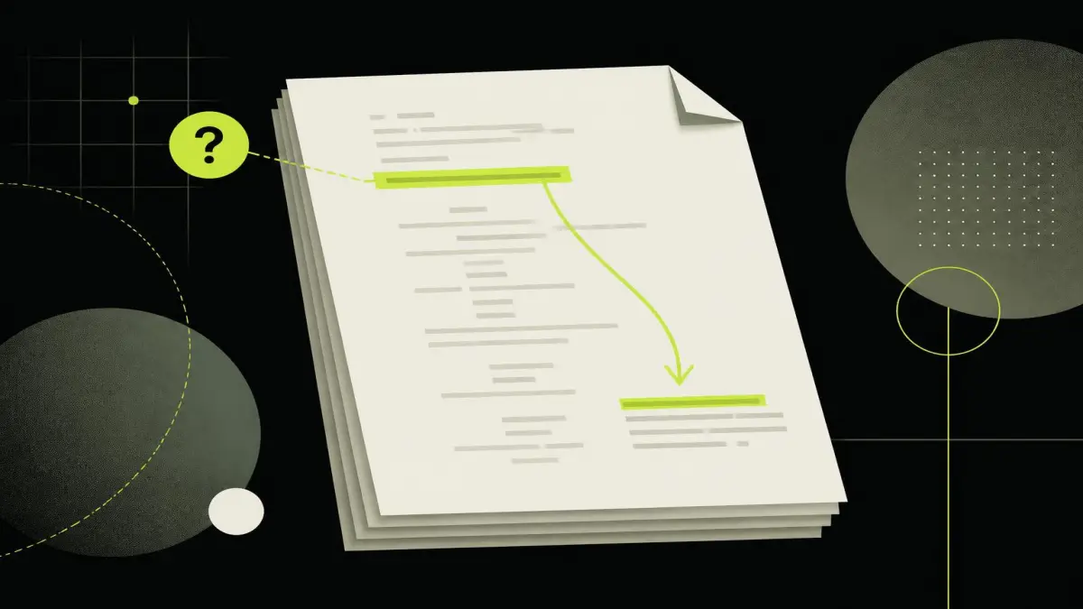A script page marked up with a highlighted opening question and an arrow tracing where it gets answered.